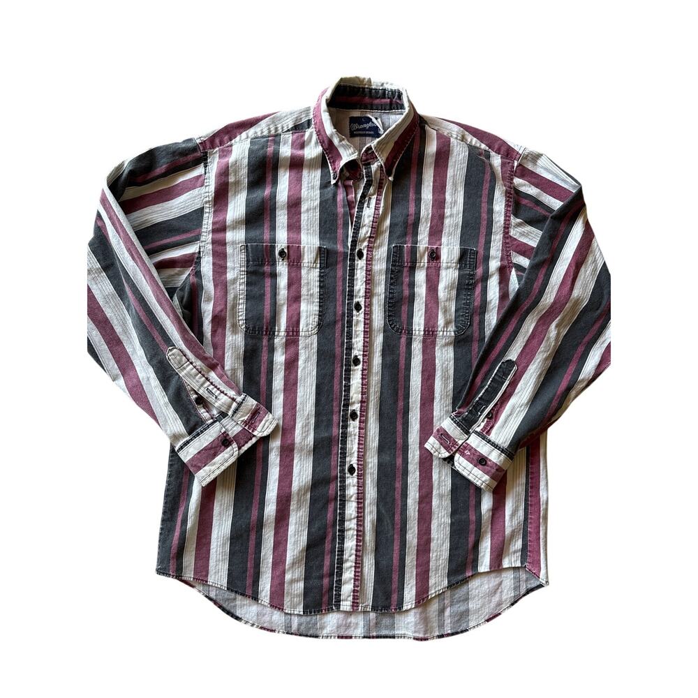 Vtg Wrangler Brushpopper Black White Maroon Striped L Button Up Western Shirt